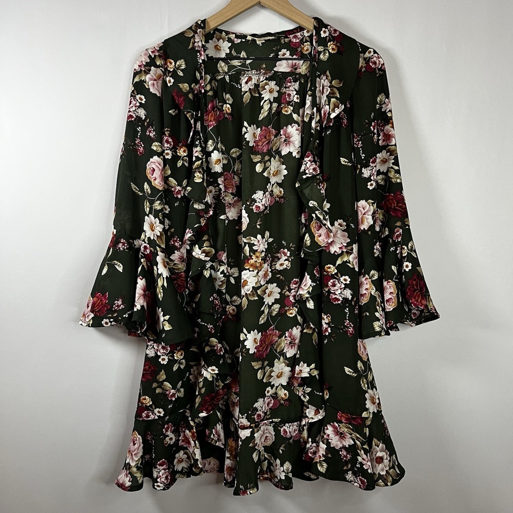Entro Cardigan Women Sz Small Floral Pattern Bell Sleeve Open Front Midi Duster